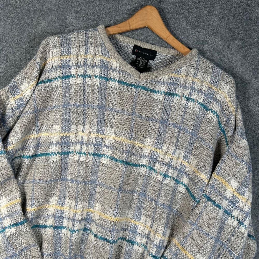 VTG Conte di Milano Sweater Knit V-Neck Plaid Men XL Made Italy Grey Blue Yellow - Picture 5 of 11